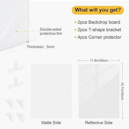 Meking Product Photography Backdrops Dual- Sided Matte and Reflective White Photo Background for Food, Makeup, Jewelry and Other Small Product, 2Pcs 15.7x11.8in Photo Backdrop Boards with 2Pcs Bracket - color: White