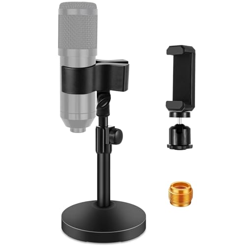 BILIONE Versatile Desktop Microphone Stand, Adjustable Table Mic Stand with Large Microphone Clip, Cell Phone Clip, 5/8" Male to 3/8" Female Metal Adapter - size: Large Clip