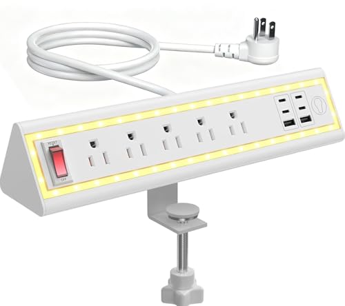 Desk Clamp Power Strip with Nightlight, 40W Fast Charging, 10FT Extension Cord, 4x20W USB-C & 2 USB Ports, 5 AC Outlets, Fits 1.69-Inch Table Edges - color: White 10 FT