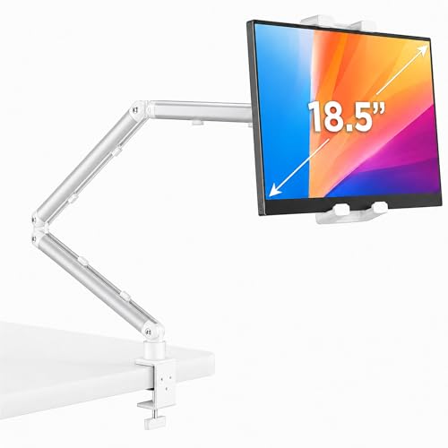 Portable Monitor Stand 15.6", Heavy Duty Tablet Arm Mount with Desk Clamp | Sag-Free Adjustable iPad Holder for Bed, 360° Foldable Arm Fits 4.7" to 18.5" iPad Pro/Air/Mini, Thick Case Friendly, White - color: White, size: 18.5" Deep Clamp