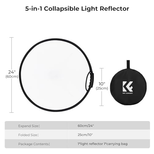 K&F CONCEPT 22"/60cm 5-in-1 Light Reflector with Handle Grip and Bag, Multi Disc Collapsible Portable Photography Diffuser Gold, Silver, White, Black, Translucent for Studio and Outdoor Lighting - size: 22 inches (60 cm)
