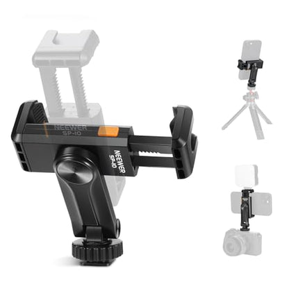 Neewer Basic Phone Tripod Mount Holder with 1/4" Thread & Cold Shoe, 2.36"-3.54"/6-9cm 360° Rotatable Camera Mount Cellphone Clamp for iPhone 16 15 14 13 12 11 Pro Max X XR Samsung S24 Ultra, SP-10 - style: SP-10