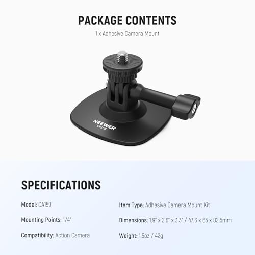 NEEWER Adhesive Mount Compatible with Insta 360 GoPro DJI AKASO Action Camera, 180° Tilt Flexible Car Helmet Holder Base Adapter for POV Video Recording Live Streaming, for 1/4" Accessories, CA159 - style: CA159（1-Pack）