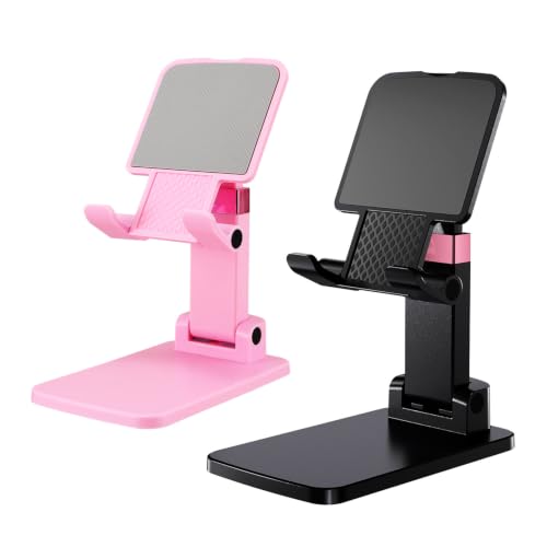 Cell Phone Stand Cute Mobile Holder For iPhone Desk Office Accessories | for thick cases; Under 12" Tablets, e-readers; Folds flat; Anti-slip; Weighted base - color: 14-Black&Pink
