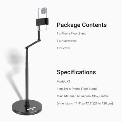 NEEWER Entry Level Version Phone Floor Stand, Adjustable Office Table Bedside Cell Phone Holder Clamp Holder Mount Compatible with iPhone Samsung Android for Video Recording, Weighted Metal Base, X9 - style: X9