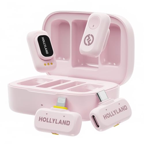 Hollyland Lark A1 Wireless Mini Microphone for iPhone & Android, 48kHz/24-bit, 3-Level Intelligent Noise Cancel, Microphone for YouTube, Podcast, Vlogging (Pink, 2TX + 2RX + Charging Case) - color: Pink, size: Combo (USB-C RX + Lightning RX + Charging Cas