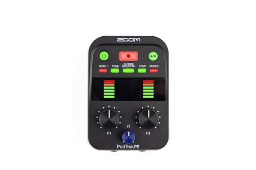 Zoom PodTrak P2 Podcast Recorder, 2 USB Mic Inputs, 2 Headphone Outputs, AI Noise Reduction, Tone & COMP Effects, Remote Guest Recording, SD Card, Battery/USB-C Powered | 2 Headphone Outputs, SD Card Recording, Aa Battery or USB-C Power, Tone and Compress