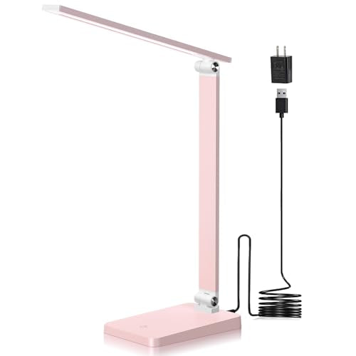 LED Desk Lamp for Home Office, 3 Levels Dimmable Desk Light with USB Charging Port, Reading Lamp for Table Study Work Office Nail Craft Puzzle, Pink, 5000K - color: Pink