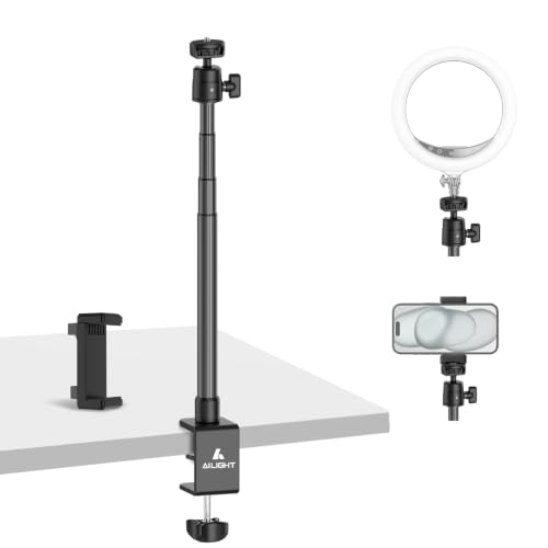 Ailight Desk Mount for Live Streaming, Instant Height Adjustable C-Clamp Stand with Ball Head & Phone Holder, 1/4" Screw for Camera/Smartphone/Webcam, Tool-Free Telescopic for Vlogging & Recording - size: TS6002
