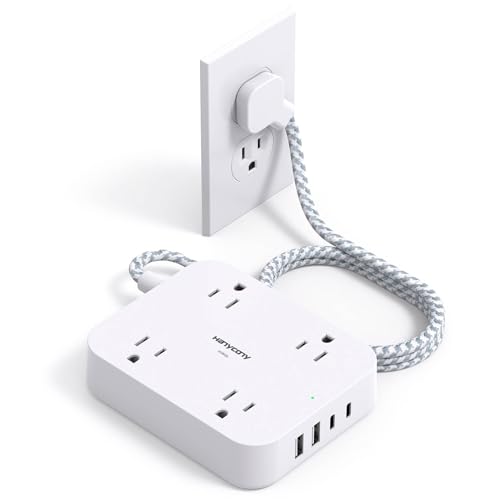 Surge Protector Power Strip, HANYCONY 5Ft Extension Cord with 4 USB Ports(2 USB C), 4 Widely Outlets Extender, Wall Mount, Desk Charging Station for Office Travel College Dorm Room Essentials - color: White(with Surge), size: 5 Ft