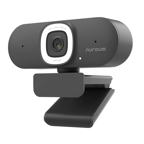 NUROUM V15AFL 2K Webcam with Ring Light for Streaming, Autofocus Webcam for PC w/Noise Cancelling Dual Mics, 1080P 60fps, 75° FOV&Lightweight, USB Web Camera Plug&Play for Zoom/Teams/OBS/Xsplit, Grey