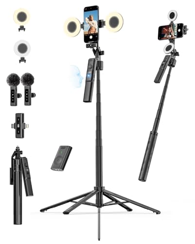USKEYVISION Vlogging Kit for iPhone,YouTube Starter kit for Content Creators w/Wireless Lavalier Microphone,Auto Face Tracking Phone Tripod 360 Rotation w/Lights,Remote Control,Ground Spike(R01 Kit)