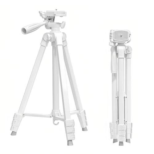 White Lightweight Tripod - 17" to 57" Adjustable Height with 360° Pan Head, Universal 1/4" Screw for Smartphone/DSLR/Camera/Projector - Ideal for Vlogging/Photography/Travel/Live Streaming