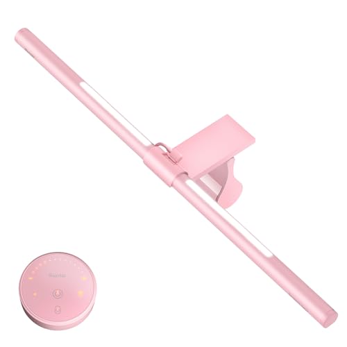 Quntis Pink Monitor Light Bar with Remote, Eye-Care No Glare, Space Saving Computer Desk Lamp As Gifts for Girls, Stepless Dimming, Modern Aesthetic Desk Light Bar for Home Office Gaming Reading - color: Pink