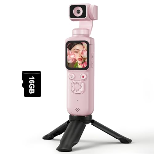 4K Vlogging Camera with 330° Rotating Lens & Face Tracking, Portable Pocket Digital Camera for YouTube TikTok with WiFi, Includes 16GB Card, Tripod & Carrying Bag, Pink - color: Pink