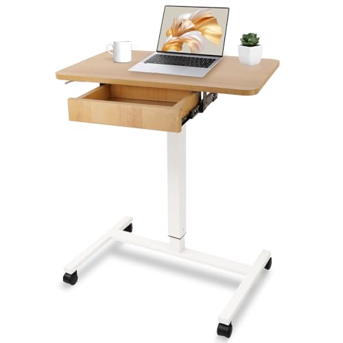 CLATINA Mobile Laptop Standing Desk, Height Adjustable Teacher Podium with Lockable Wheels, Adjustable Work Table with Drawer, Computer Cart Overbed Table for Home, Office, Classroom, Beige - color: Beige, size: With Drawer