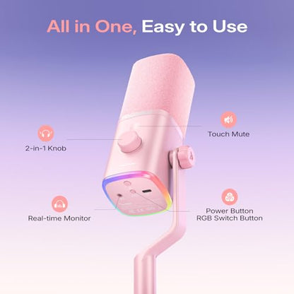 MAONO PD100W Wireless USB Dynamic Microphone, Gaming PC Mic with One-Click Noise Reduction,Mute Button,Custom RGB,3.5mm Headphone Jack,Software,Podcast Streaming Mic (Boom Arm(USB-C Receiver), Pink) - color: Pink