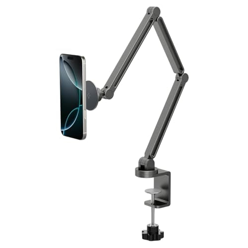Spigen OneTap (Magfit) Adjustable and Flexible Phone Holder Clamp Stand with Magsafe, Overhead Mount Bed Accessories, Compatible with iPhone 16 15 14 13 12 Series & MagSafe Cases - Space Gray - size: Phone Holder Clamp Stand