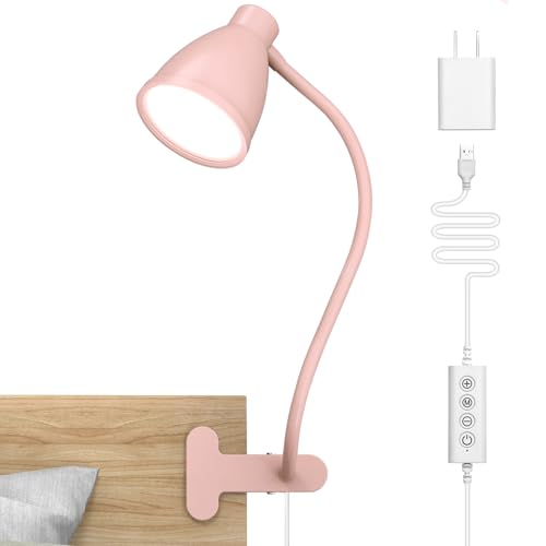 BOHON Cute Desk Lamp with Clamp Clip on Light, 5 Color 10 Brightness, Pink | Flexible Gooseneck Pink Lamp 10W 38 LED Auto Off Timer Kawaii Accessories Desk Lights for Office Home Bed Bedside Reading - color: Pink