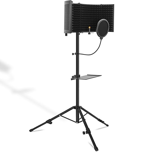 Microphone Isolation Shield with Stand Curved Panel, Foldable Mic Shield with Triple Sound Insulation, Studio Mic Sound Absorbing Foam Reflector for Sound Recording, Podcasts - size: Large