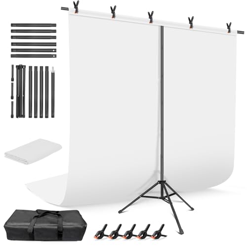 White Backdrop with Stand, 6.5x8.2 ft White Photo Backdrop Curtain with 7.5x7.9 ft Background Stand, Portable Back Drop Support Kit with Carrying Bag, 5 Strong Spring Clamps - color: White, size: 7.5x7.9ft