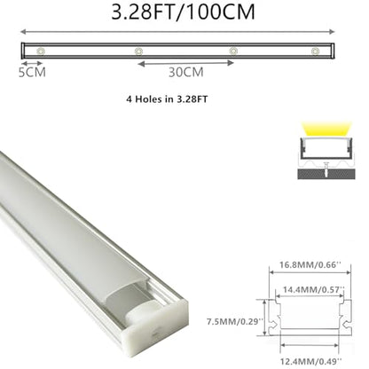 5-Pack Pre-Drilled Countersunk Hole 3.3FT/100CM LED Strip U Channel Diffuser, Hacksaw Easy Cut Flush Mounted Under Cabinet Tape Light Aluminum Track Low Profile with Mounting Spares