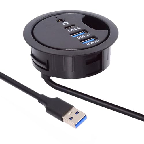Cablecc 2 Port USB 3.0 Hub Sound Card USB-C USB Splitter 60mm Desk Grommet Dock Station Headphone Mic Audio Interface for Desktop PC Desk(USB 3.0+3.5mm+Type-C) - style: 2USB3.0+3.5 audio+USBC