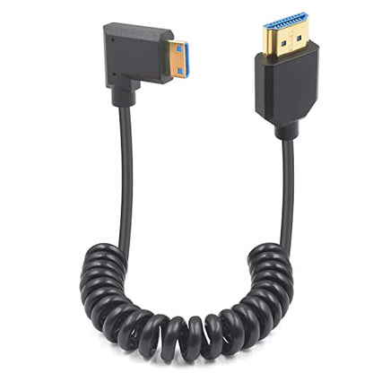 Duttek 8K Mini HDMI to HDMI Coiled Cable, 48Gbps Ultra Thin Right Angled Mini HDMI Male to HDMI Male Cable for Projector, Monitor, Camcorder 4FT/1.2M - style: Right Angle Mini hdmi Male to HDMI Male