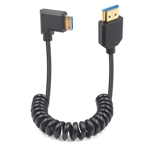 Duttek 8K Mini HDMI to HDMI Coiled Cable, 48Gbps Ultra Thin Right Angled Mini HDMI Male to HDMI Male Cable for Projector, Monitor, Camcorder 4FT/1.2M - style: Right Angle Mini hdmi Male to HDMI Male