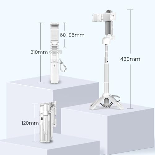 Selfie Stick Tripod with Fill Light & Bluetooth Remote | 3-in-1 portable selfie stick, tripod stand & fill light. Bluetooth remote, 360° rotation. Compact foldable design for travel - color: White, style: Lighted model