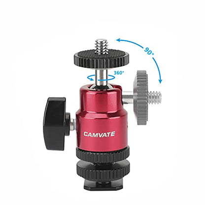 CAMVATE Ball Head Support (Red) with Double End 1/4"-20 Threads + Shoe Mount Adapter with 1/4" Lock Nuts - 2881