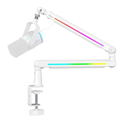 FIFINE RGB Microphone Boom Arm, Low Profile Rotatable Desk Mount Microphone Stand with Cable Management for Podcast, Streaming, Gaming, Studio-BM88ProW - color: white