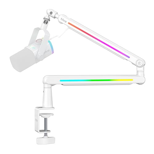 FIFINE RGB Microphone Boom Arm, Low Profile Rotatable Desk Mount Microphone Stand with Cable Management for Podcast, Streaming, Gaming, Studio-BM88ProW - color: white