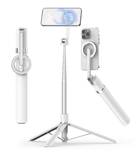 TONEOF 68" Magnetic Selfie Stick Tripod with Aluminum Strong Magnetic Holder for Magsafe, 360° Rotatable Travel Phone Tripod Stand with Metal Ring & Rechargeable Remote for iPhone/Android（White） - color: White