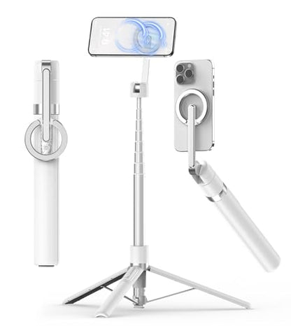 TONEOF 68" Magnetic Selfie Stick Tripod with Aluminum Strong Magnetic Holder for Magsafe, 360° Rotatable Travel Phone Tripod Stand with Metal Ring & Rechargeable Remote for iPhone/Android（White） - color: White