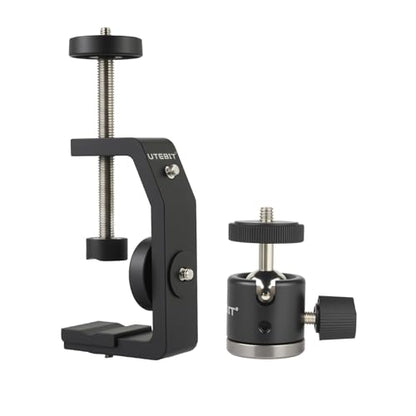 UTEBIT Super Clamp Mount with Mini Ball Head Mount, Black (90mm) | 1/4" Screw Hot Shoe Mount Adapter Camera Clamp Mount for Desk, Bicycle Gopro Clamp Mount Compatible for DJI Action 2/Insta360 - size: 90mm