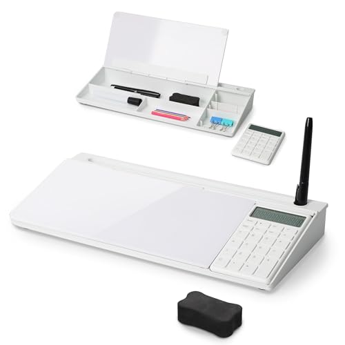 SHANTRA 16'' x 7'' Desktop Whiteboard with Calculator, Desk Dry Erase Board with Organizer, Computer Pad & Keyboard Stand for Home, School, Office Desk Accessories(White) - color: White With Calculator