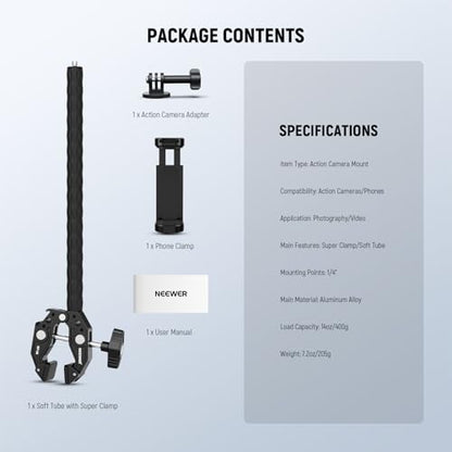 NEEWER Action Camera Mount Kit with Super Clamp, Soft Tube, Action Camera Adapter, Adjustable Holder for Flat/Round Surfaces, Compatible with GoPro Insta360 DJI Smartphone GP-26 - style: GP-26