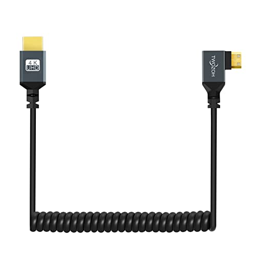 Twozoh Left Angled Coiled Mini HDMI to HDMI Cable, 90° Degree Mini HDMI to HDMI Coiled Cable Support 3D/4K 1080P Stretched Length to 1.5M / 5FT - size: 5 ft, style: Left Angled 1-Pack