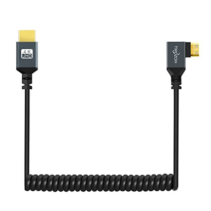 Twozoh Left Angled Coiled Mini HDMI to HDMI Cable, 90° Degree Mini HDMI to HDMI Coiled Cable Support 3D/4K 1080P Stretched Length to 1.5M / 5FT - size: 5 ft, style: Left Angled 1-Pack