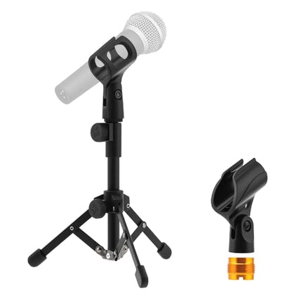 Desktop Mic Stand Aluminum Alloy Microphone Stand for Desk Foldable Adjustable Height Table Mic Stand Dynamic Microphones with 2 Mic Clips, for Singing Recording Streaming