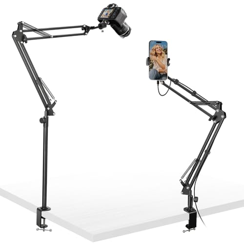 Overhead Camera Mount,Camera Desk Mount with 360° Adjustable Arm and Phone Holder,Max Load-Bearing 5lb,Desk Clamp Stand for Content Creation and Live Streaming,DSLR,Webcam,Mic,Ring Light