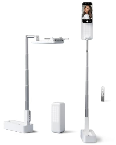 SupeDesk Phone Stand for Recording, Overhead Phone Mount with Light, Selfie Stand,Portable,Extendable,360° Rotate,Adjustable,Wireless Remote,Rechargeable, for 3.5-6.9" Phones, Live Streaming, White - color: White