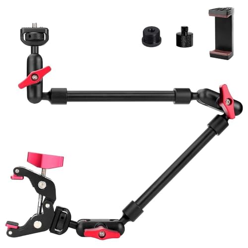 22" Articulating Magic Arm Camera Mount, Desk Clamp Overhead Mount | Anti-deflection lock, anti-slip pads, 0.55lb load, 1/4 3/8 5/8 adapters, aluminum, POV, light, phone, webcam, mic, vlogging