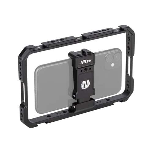 Nitze Smartphone Cage, Aluminum Phone Video Rig, with Adjustable Cellphone Clamp, 5 Built-in Cold Shoes, for Videomaker, Videographer, Vlogger and Youtuber - T-MP01A