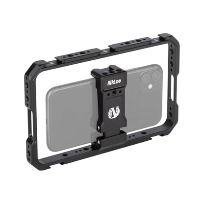 Nitze Smartphone Cage, Aluminum Phone Video Rig, with Adjustable Cellphone Clamp, 5 Built-in Cold Shoes, for Videomaker, Videographer, Vlogger and Youtuber - T-MP01A