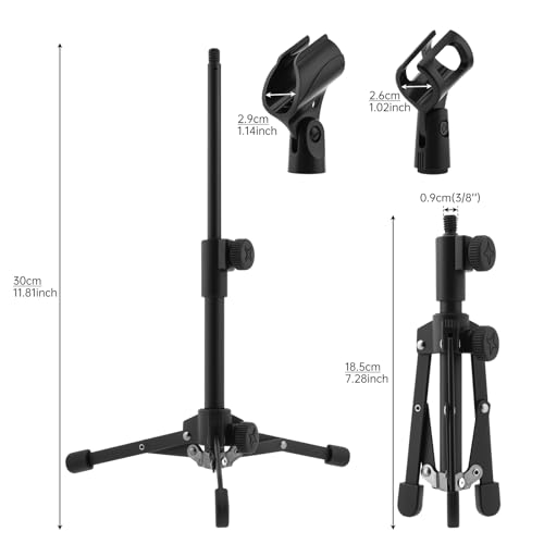 Desktop Mic Stand Aluminum Alloy Microphone Stand for Desk Foldable Adjustable Height Table Mic Stand Dynamic Microphones with 2 Mic Clips, for Singing Recording Streaming