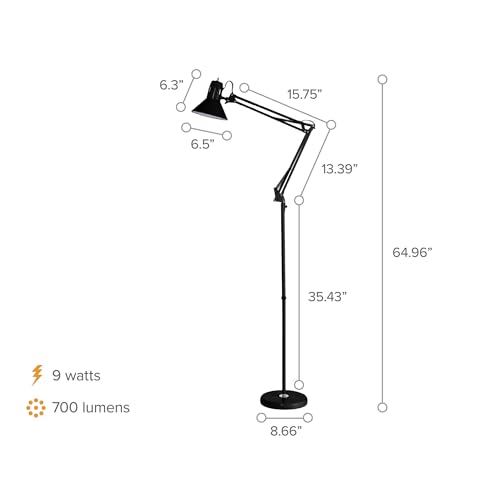 Bostitch Office VLF100F Swing Arm Metal Floor Lamp, 72" Tall with Multi-Joint Adjustment, Includes Replaceable LED Bulb (VLF), Black - style: Floor, Black