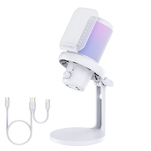 FEELWORLD VM1 White Gaming PC USB Microphone Condenser Mic with Noise Cancellation Mute RGB Light, Computer Accessories Gifts for Gamer YouTube Twitch Podcast Streaming Recording Online Chat PS4 PS5 - color: White
