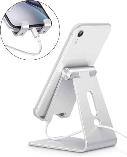 OMOTON Phone Holder, Multi-Angle Adjustable Desk Phone Holder, Aluminum Cell Phone Holder Compatible with iPhone 13 Pro/13/12 Pro Max/12/11 Pro/XR, Samsung S20/S10/S9, Silver